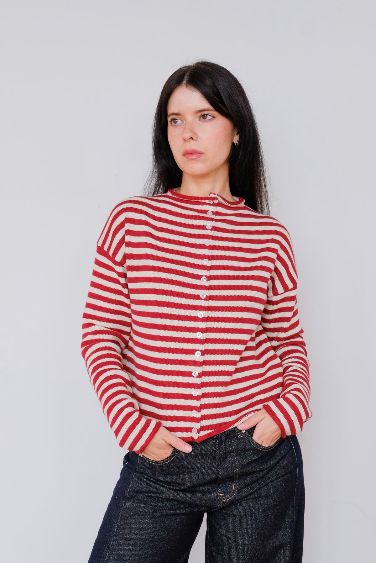 Elina Pinstripe Cardigan in Red