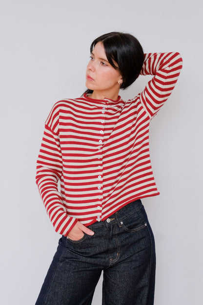 Elina Pinstripe Cardigan in Red