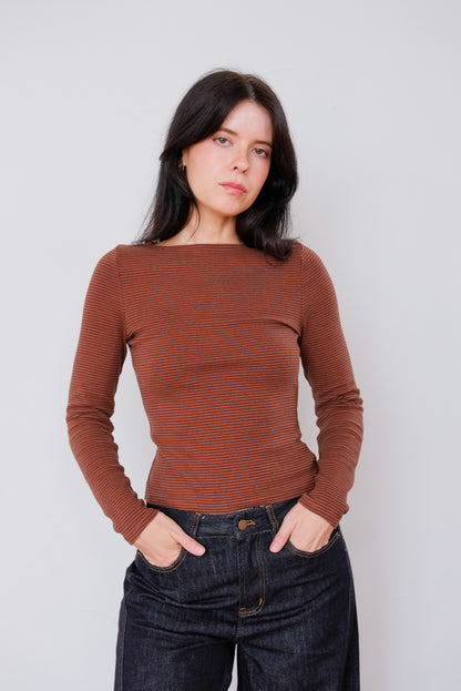 Alicia Pinstripe Long Sleeve in Brown Stripe