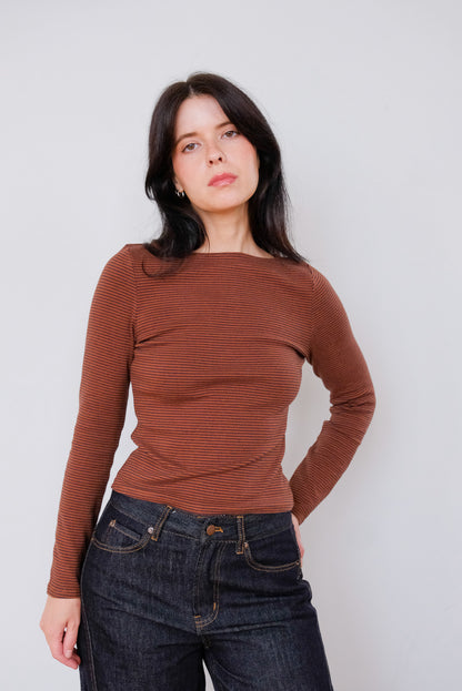 Alicia Pinstripe Long Sleeve in Brown Stripe
