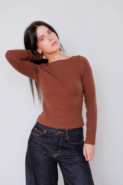 Alicia Pinstripe Long Sleeve in Brown Stripe