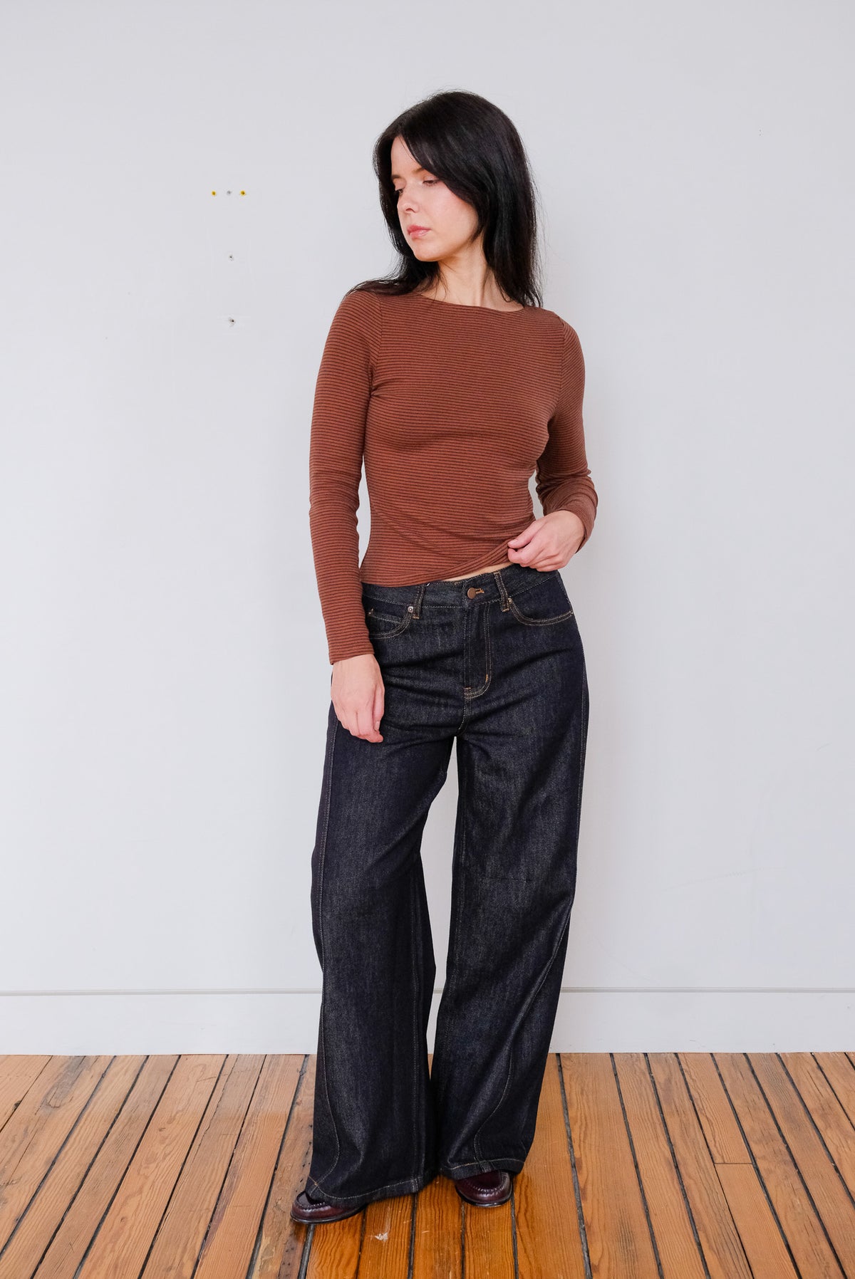 Alicia Pinstripe Long Sleeve in Brown Stripe