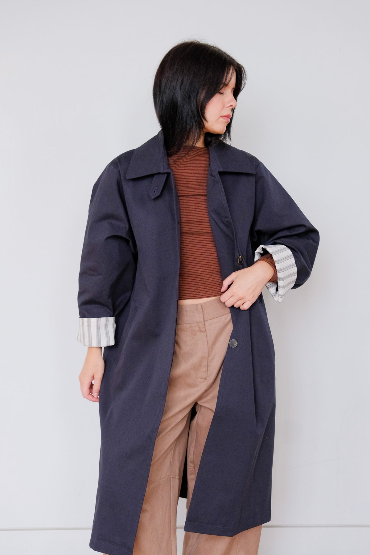 Macintosh Trench Coat with Striped Lining in Navy