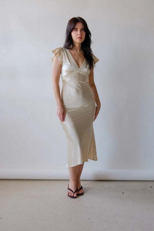 Cora Satin Midi Dress in Butter